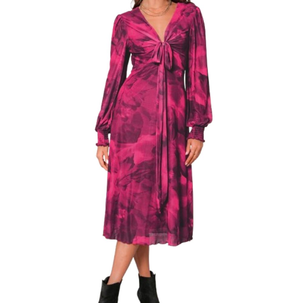 Cupshe NWT Red V-Neck Long Blouson Sleeve Floral Midi Dress Size M